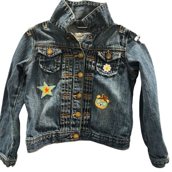 Baby Gap 1969 Denim Jean Jacket Snaps Patches Upcycled Girls 5 yrs Cotton Wash - Picture 1 of 9